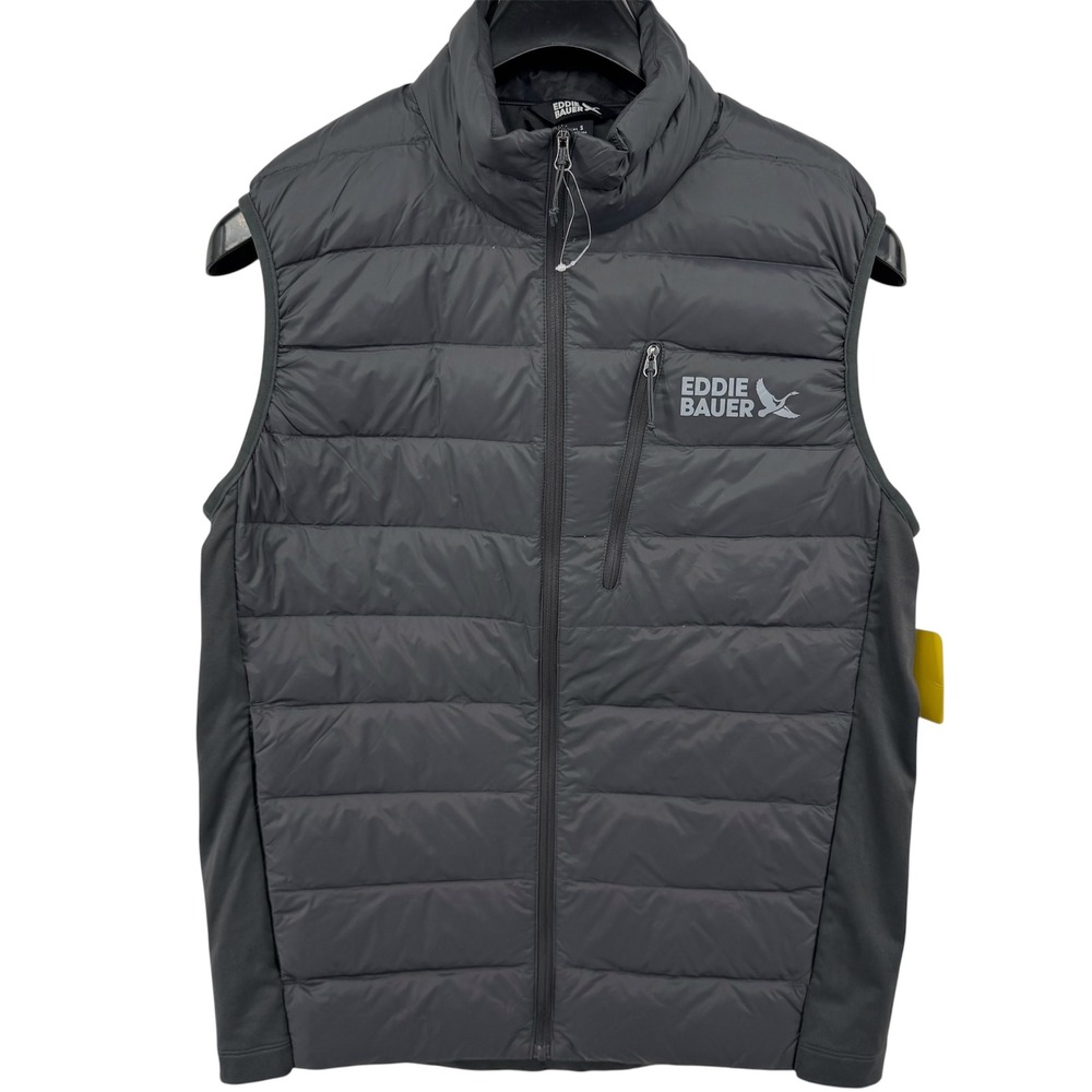 Eddie Bauer Puffer Vest Mens Small Gray 550 Down Insulated Stretch Side Panels